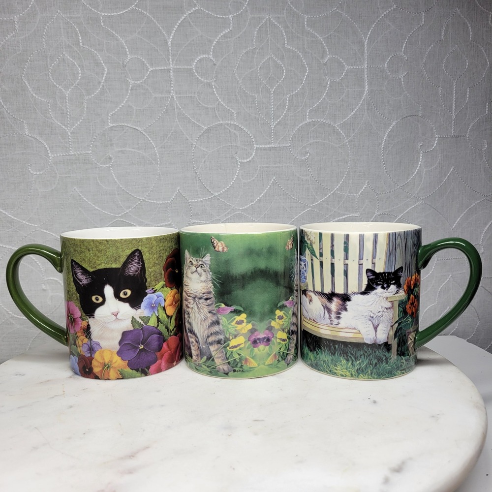 Set of 3 Lang Cat Garden Coffee Mugs Green Handles Ceramic Cottagecore Farmhouse